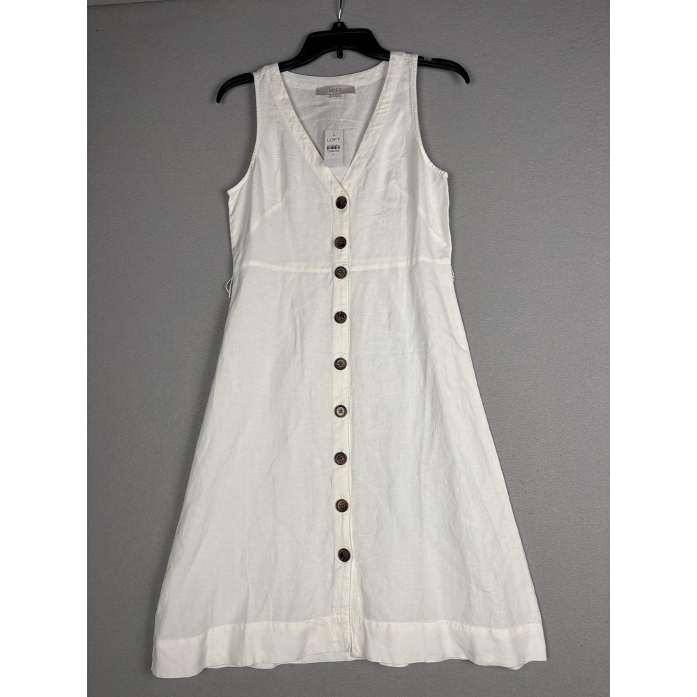 LOFT Dress Womens 0 White Linen Button Front Sleeveless A-Line Midi Sundress